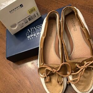Sperry Top-Sider Audrey Boat Shoes White Cognac Sand Leather Loafers Womens 8M